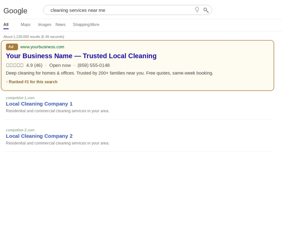 Sample Google search ad for a small local business
