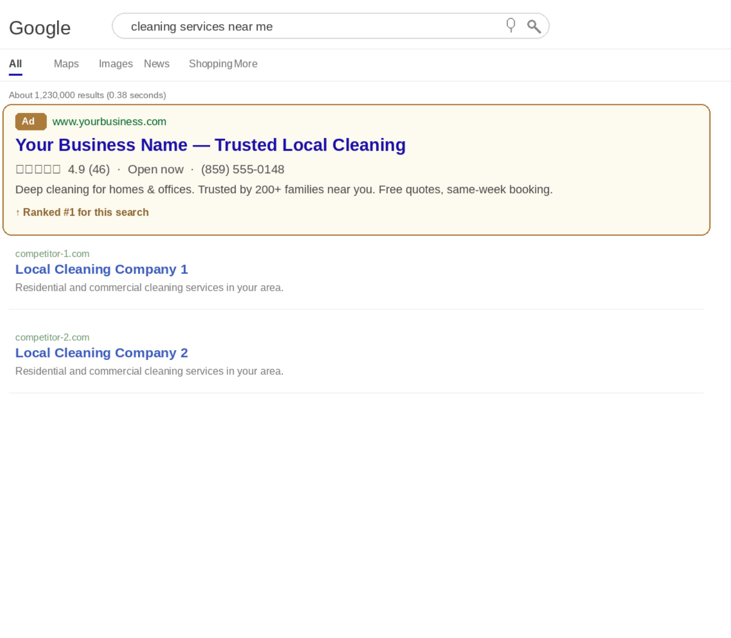 Sample Google search ad for a small local business
