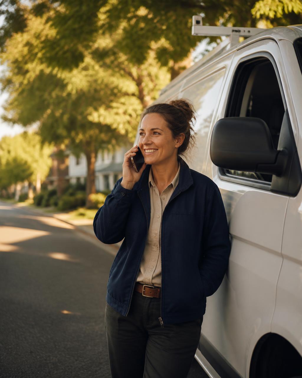 A local business owner taking a call beside her service van