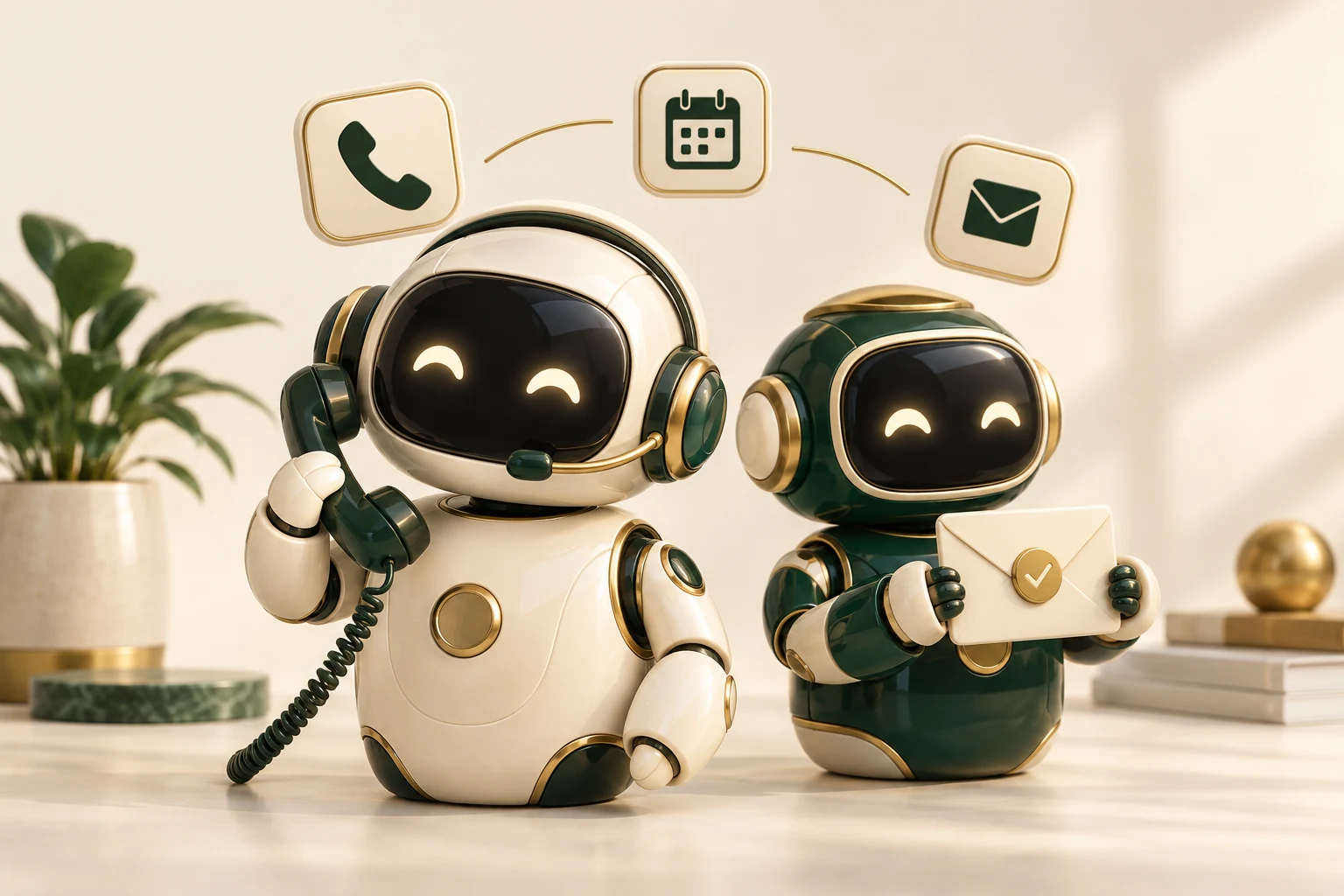Two cream and forest-green AI agents with a telephone and envelope