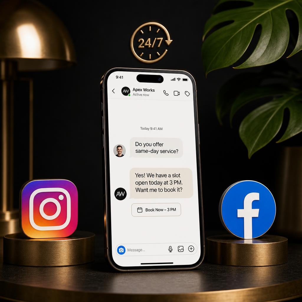 Instagram and Facebook auto-reply: a helpful DM conversation answers instantly, qualifies the lead, and offers a booking time