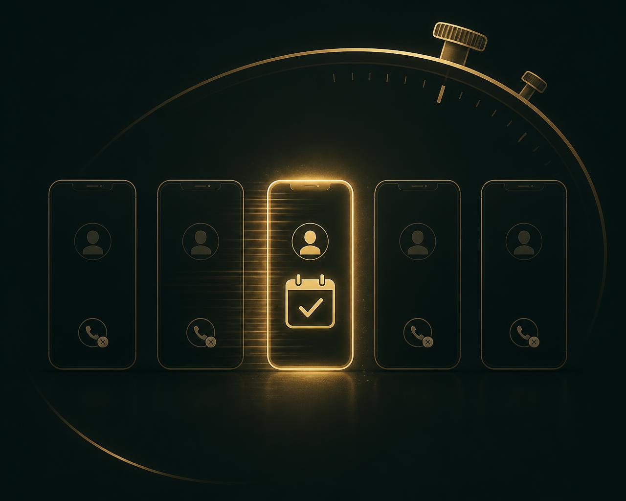 Five phone screens side by side — only one glows brass with a booked appointment, the rest show missed calls