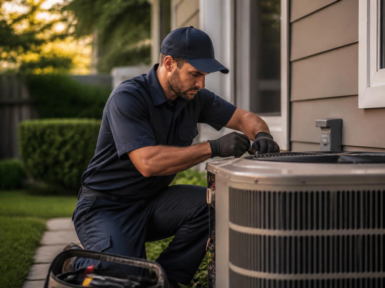 HVAC technician checking a phone beside service equipment