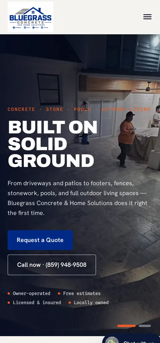 Bluegrass Concrete & Home Solutions website on a phone