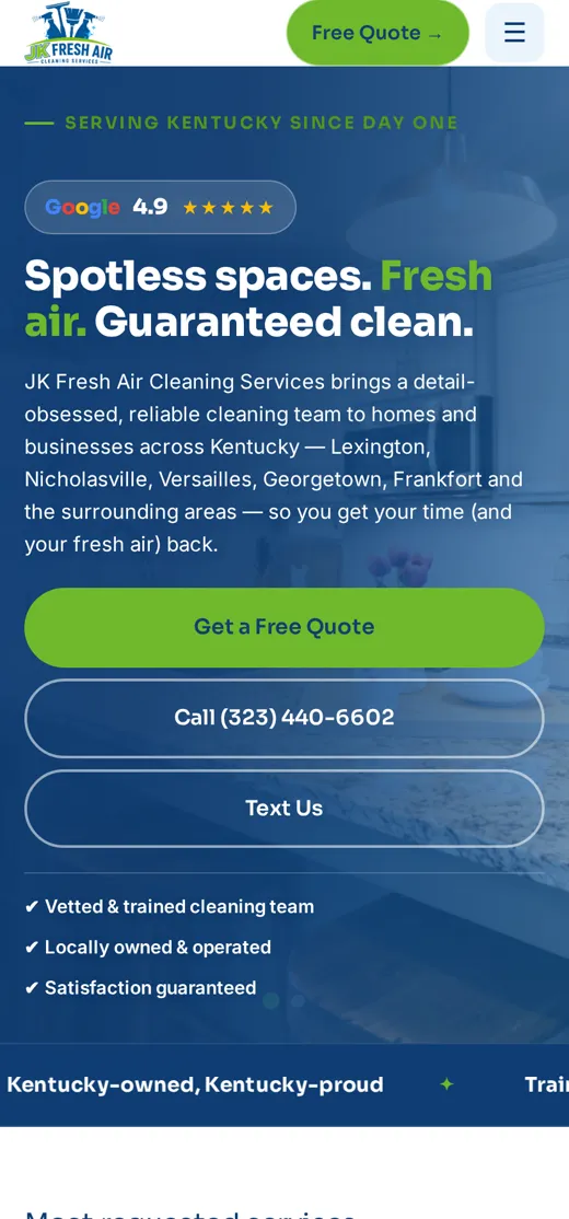 JK Fresh Air Cleaning website on a phone