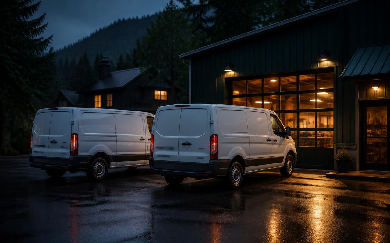 Service vans parked at a shop at the end of the day