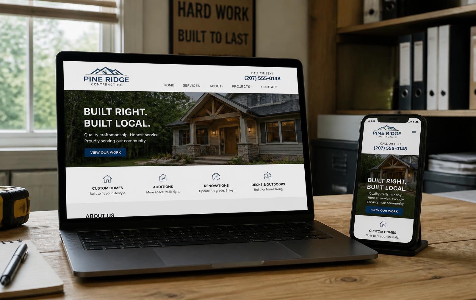 A contractor's website shown side by side on a laptop and a phone on an office desk